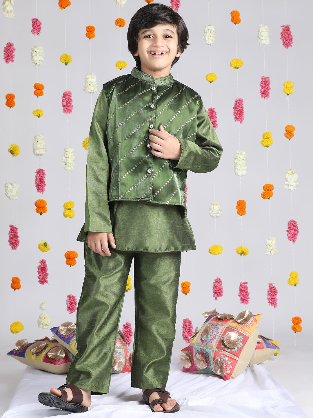 Cutiekins Boys Embroidered Regular Mirror Work Kurta & Pyjama with Jacket -Olive Green & Gold