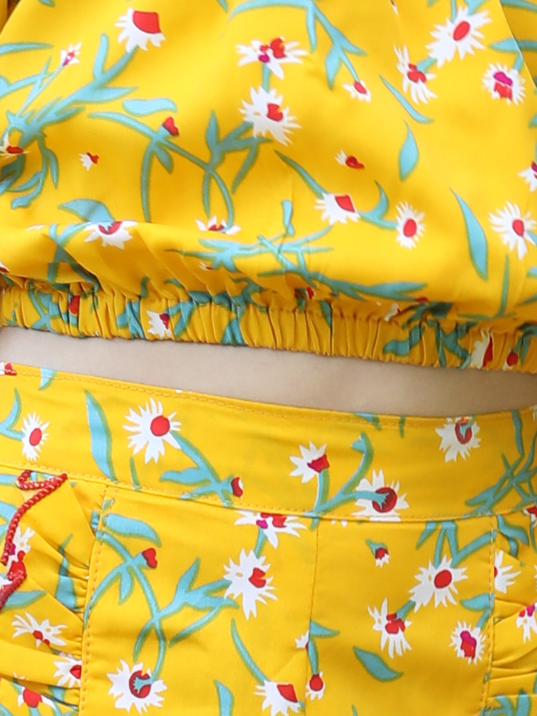 Cutiekins Shoulder Straps Printed Crop Top & Shorts Set -Yellow & Green