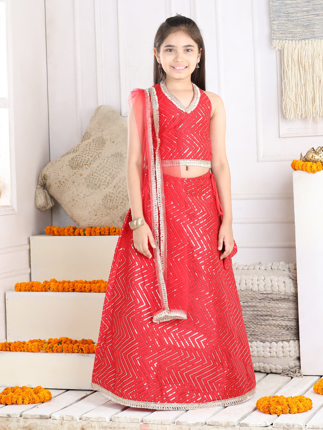 Cutiekins Sequinned Lehenga Choli & Dupatta Set-Red & Golden