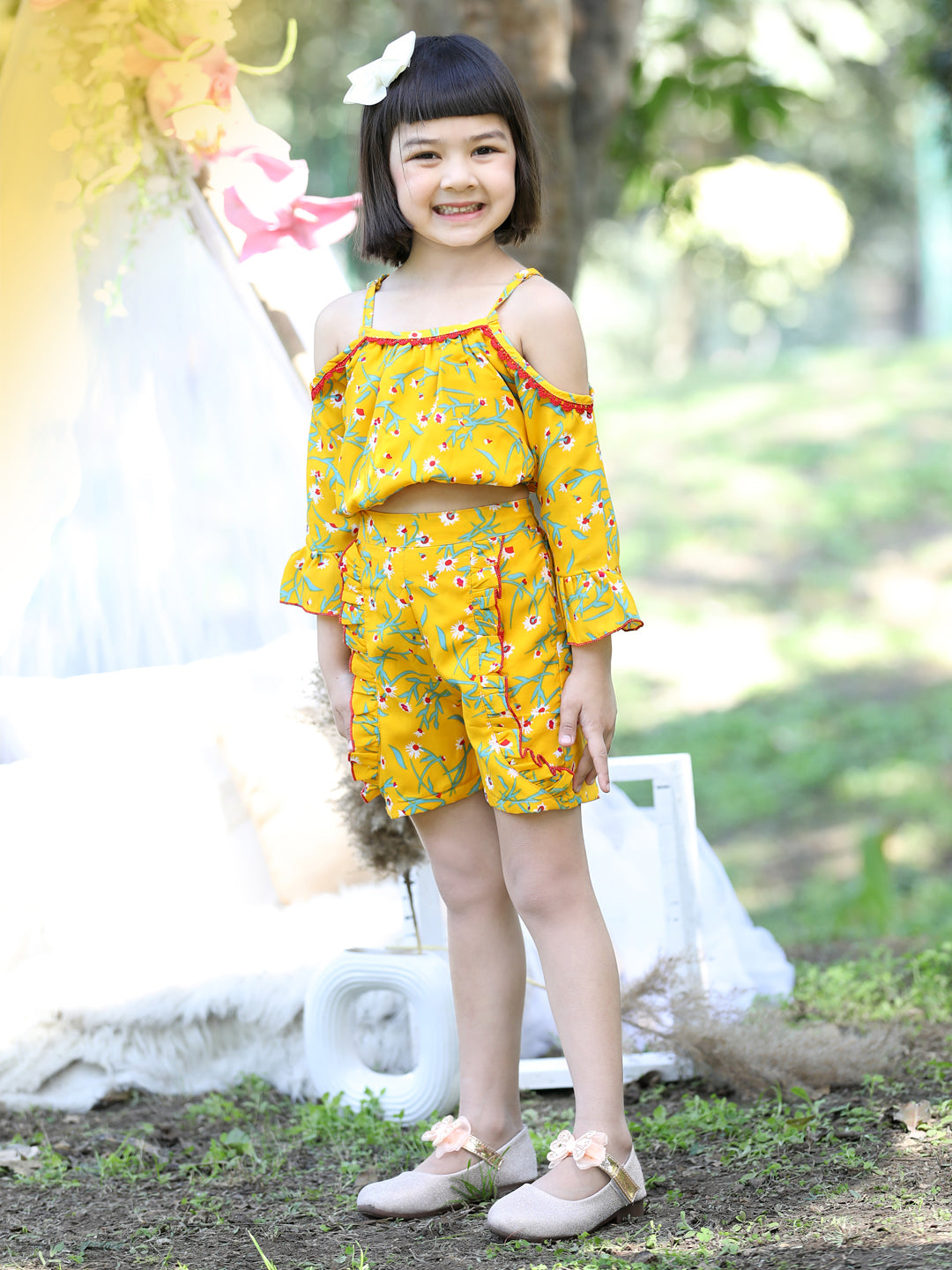 Cutiekins Shoulder Straps Printed Crop Top & Shorts Set -Yellow & Green