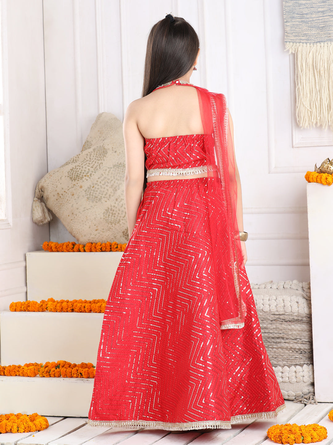 Cutiekins Sequinned Lehenga Choli & Dupatta Set-Red & Golden