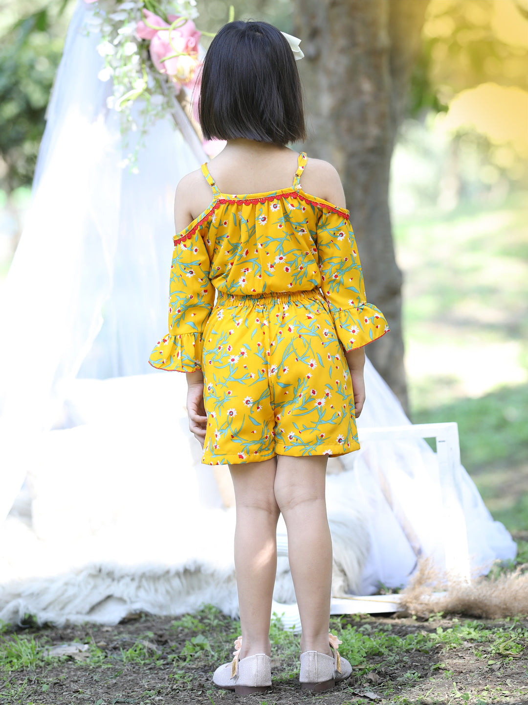 Cutiekins Shoulder Straps Printed Crop Top & Shorts Set -Yellow & Green
