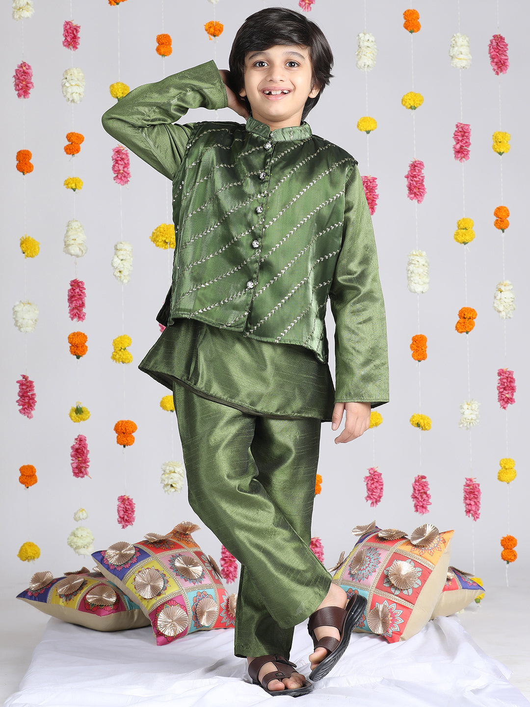 Cutiekins Boys Embroidered Regular Mirror Work Kurta & Pyjama with Jacket -Olive Green & Gold