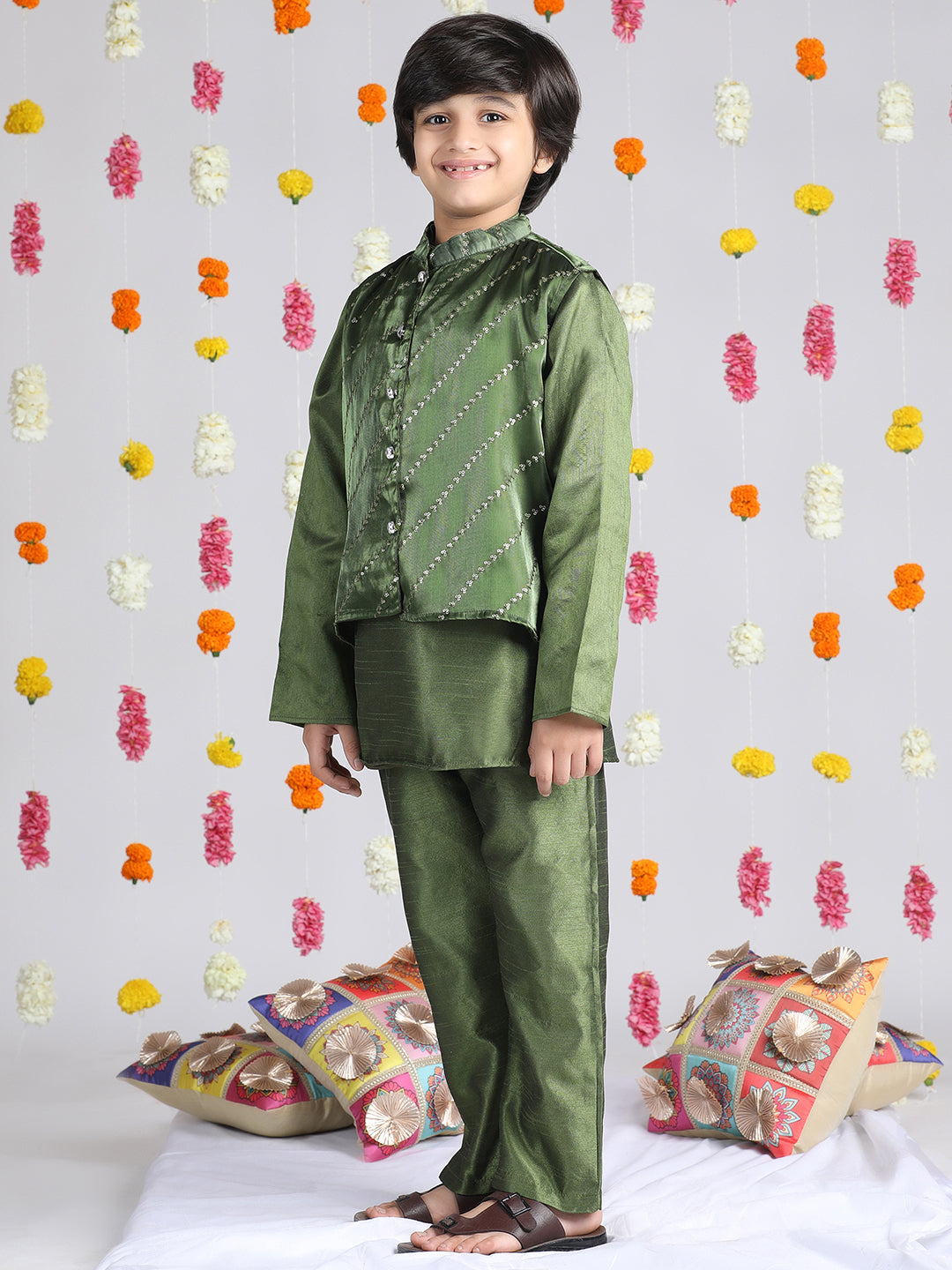 Cutiekins Boys Embroidered Regular Mirror Work Kurta & Pyjama with Jacket -Olive Green & Gold