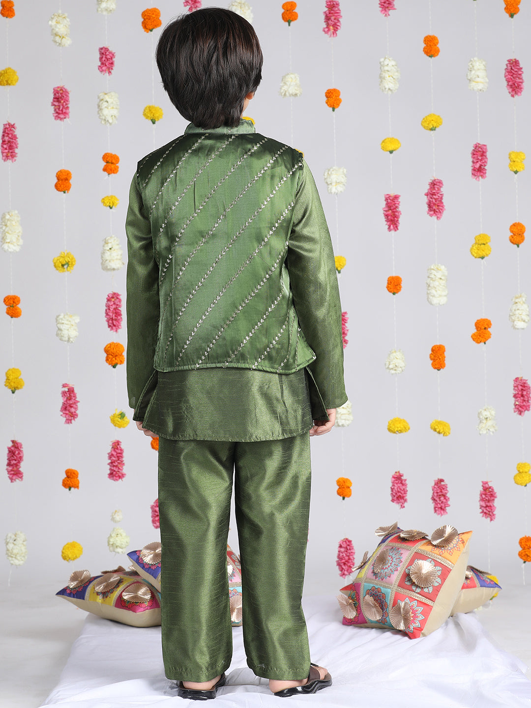 Cutiekins Boys Embroidered Regular Mirror Work Kurta & Pyjama with Jacket -Olive Green & Gold