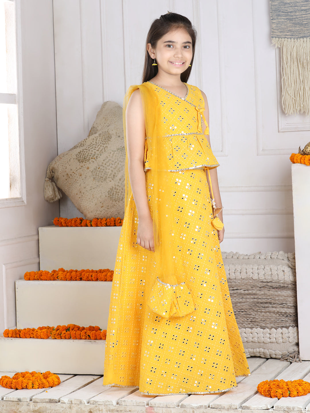 Cutiekins Mirror Work Lehenga Choli & Dupatta Set-Yellow & Golden