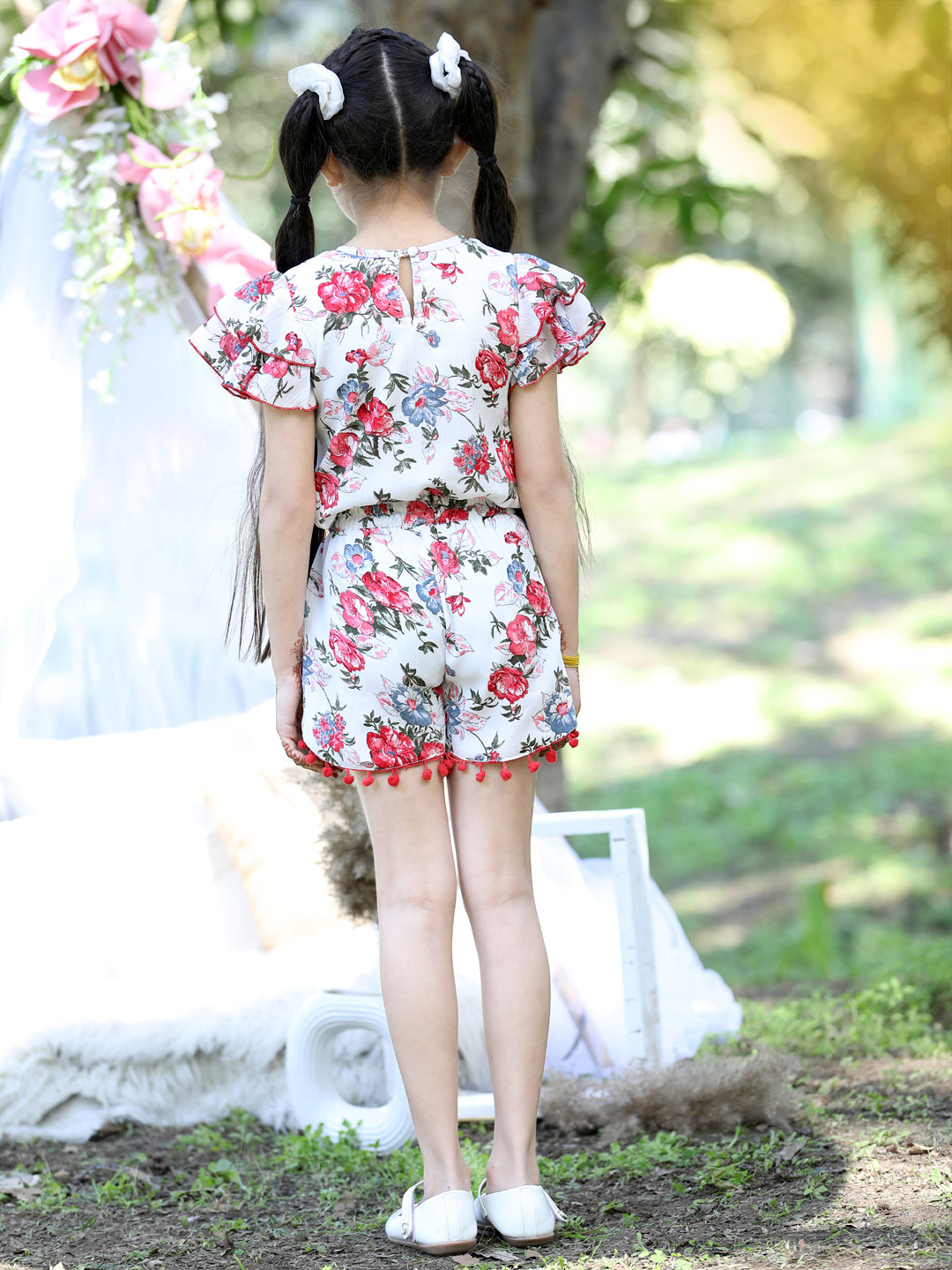 Cutiekins Round Neck Printed Regular Top & Shorts Set -White & Red