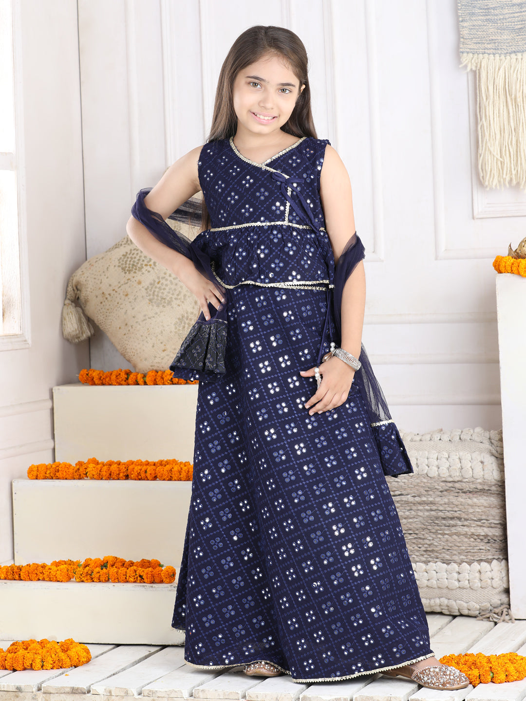 Cutiekins Mirror Work Lehenga Choli & Dupatta Set-Navy Blue & Golden