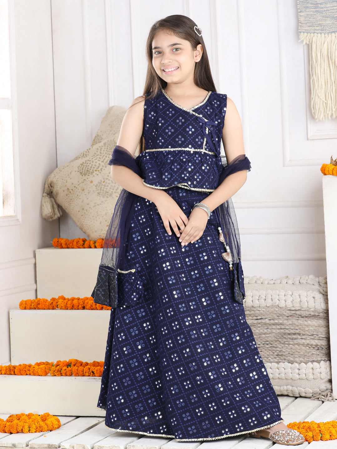 Cutiekins Mirror Work Lehenga Choli & Dupatta Set-Navy Blue & Golden
