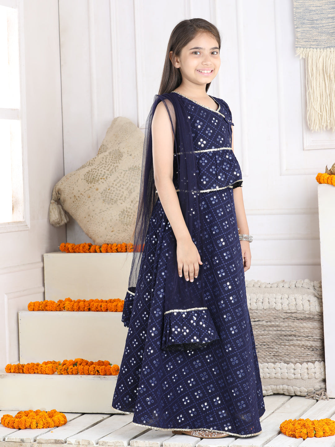 Cutiekins Mirror Work Lehenga Choli & Dupatta Set-Navy Blue & Golden