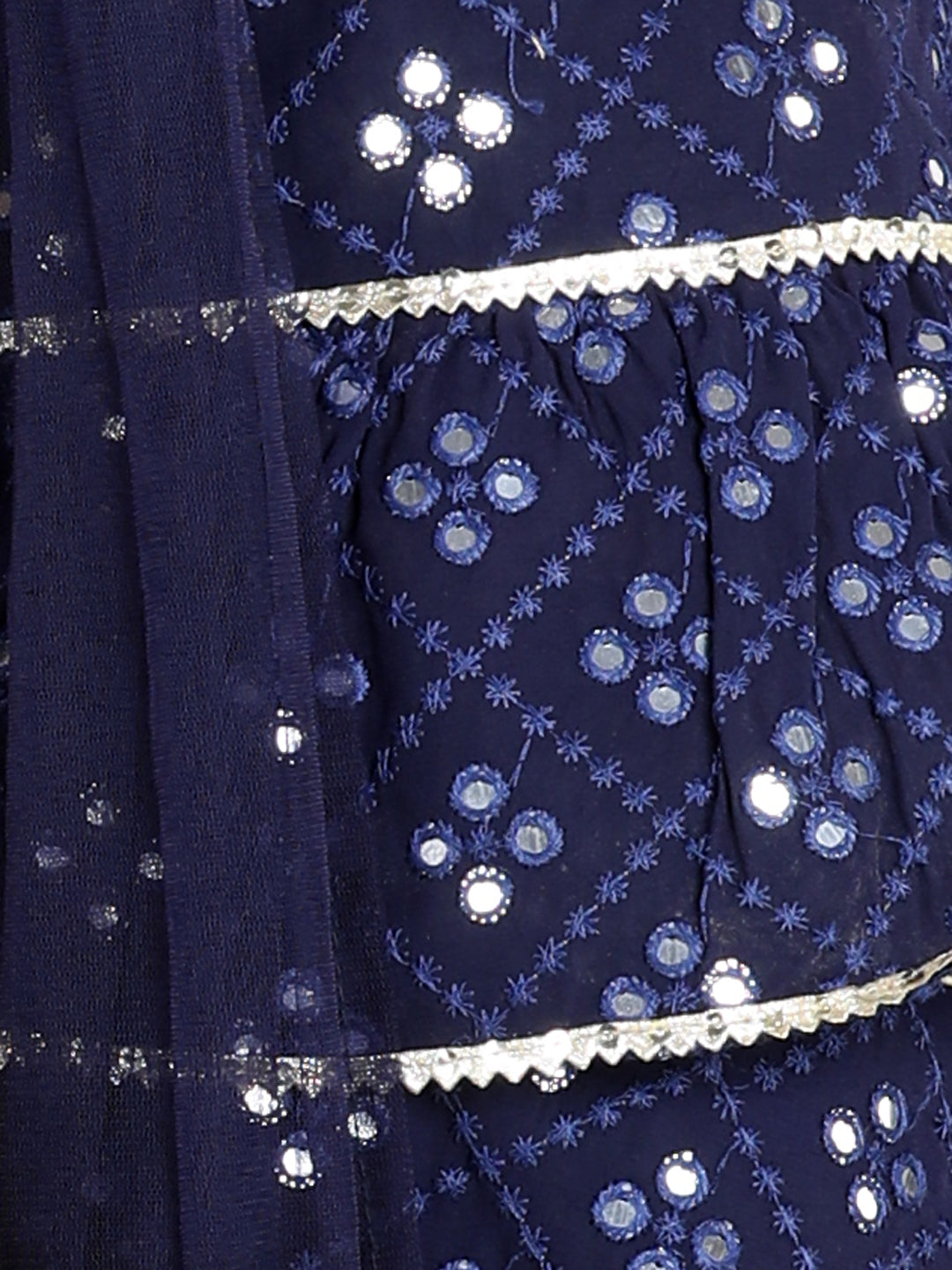 Cutiekins Mirror Work Lehenga Choli & Dupatta Set-Navy Blue & Golden