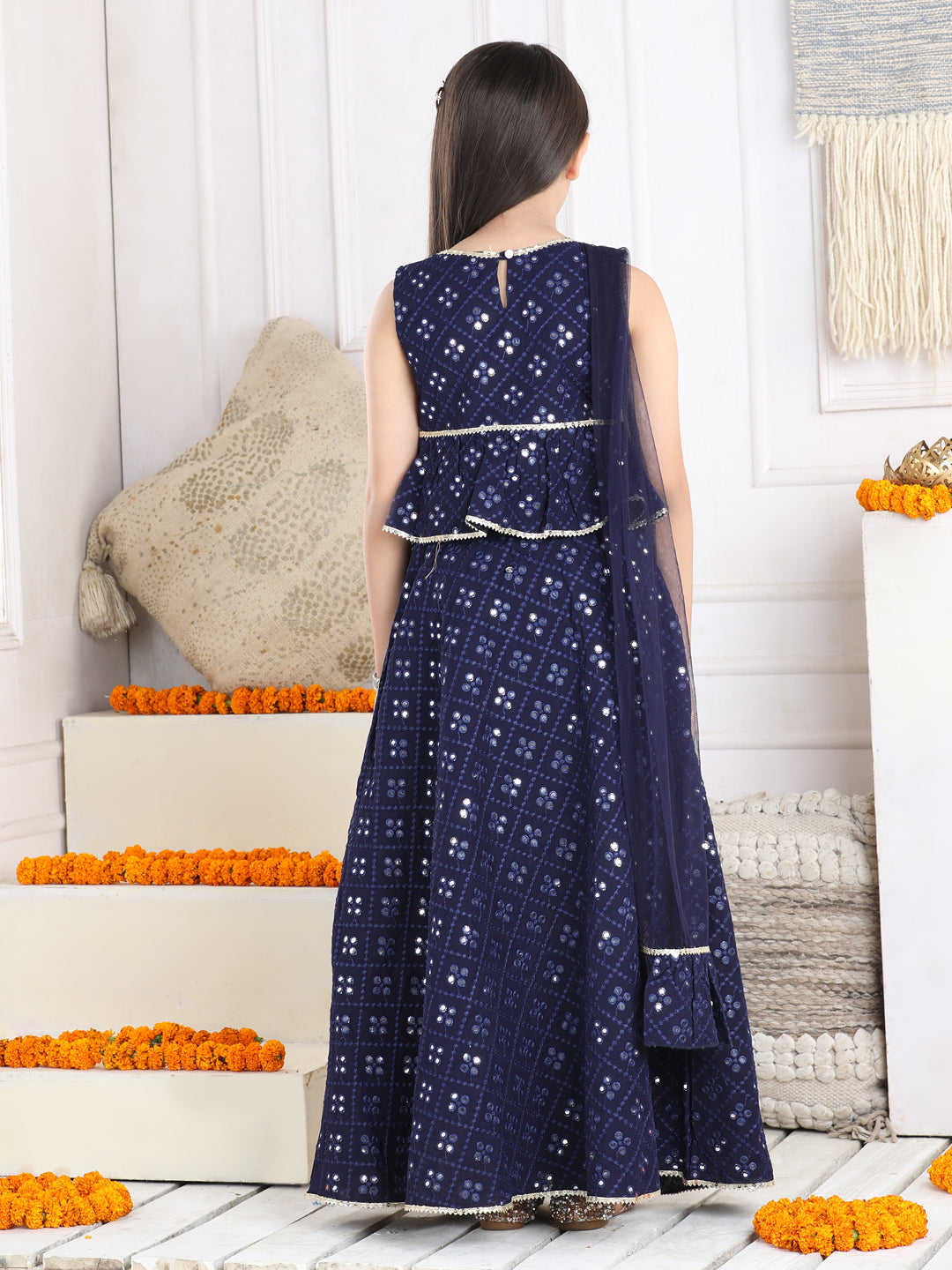 Cutiekins Mirror Work Lehenga Choli & Dupatta Set-Navy Blue & Golden