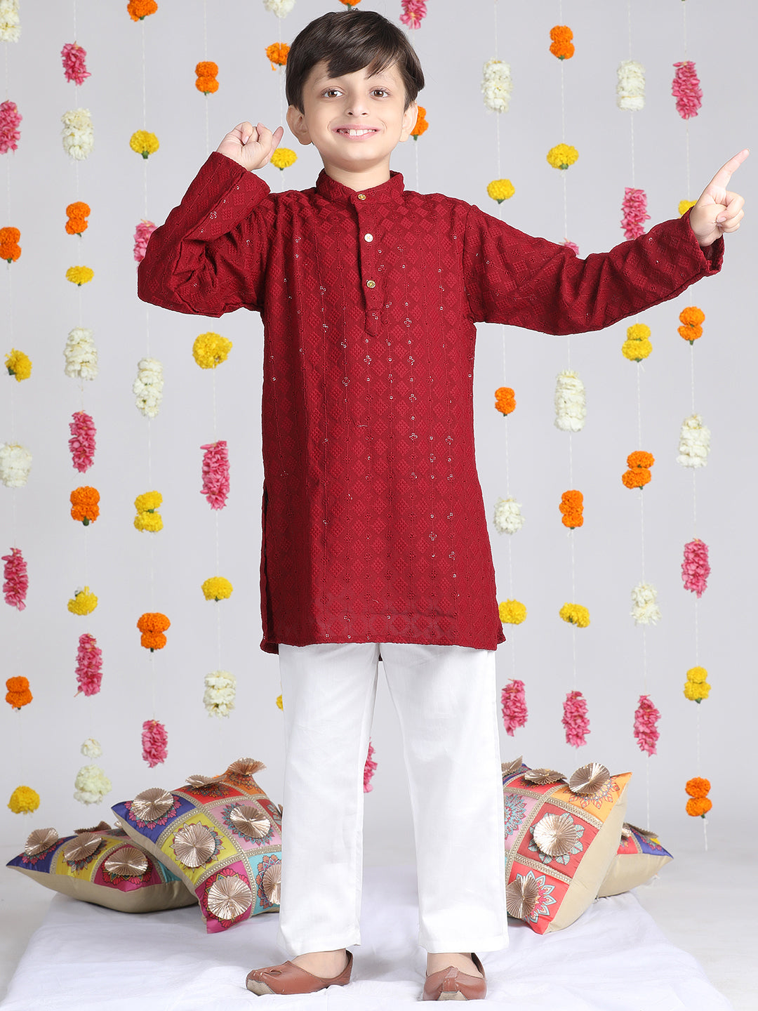 Cutiekins Boys Self design Kurta with Pyjama -Maroon & White