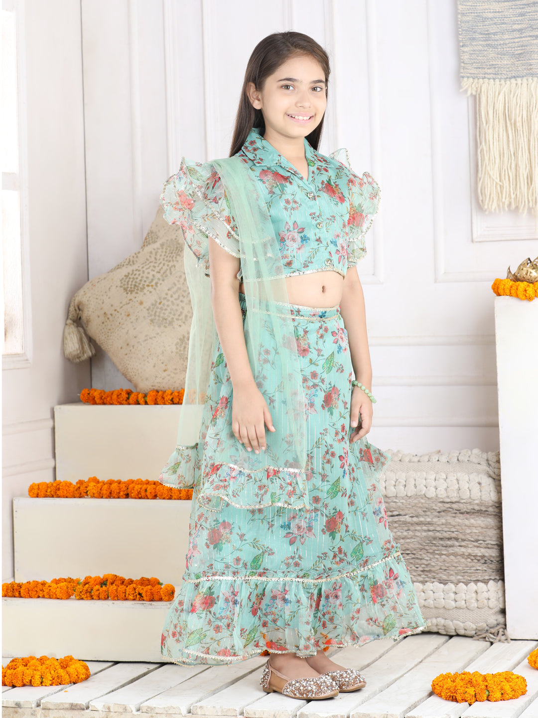 Cutiekins Printed Lehenga Choli & Dupatta Set-Turquoise Blue & Golden