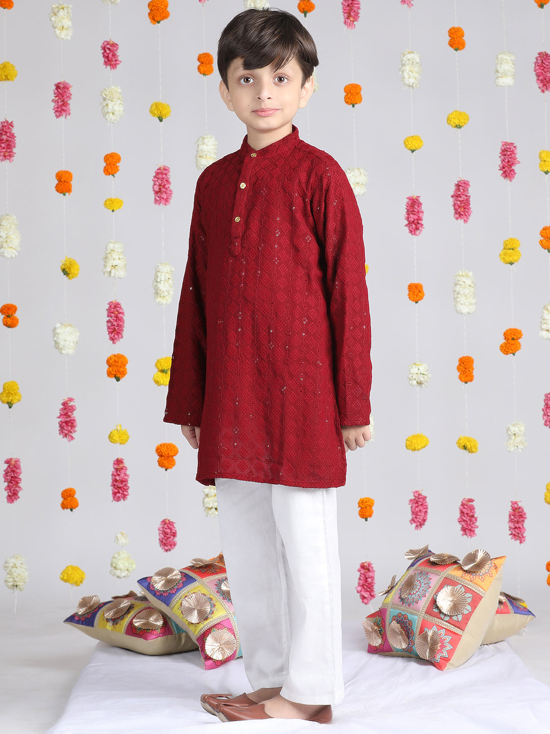Cutiekins Boys Self design Kurta with Pyjama -Maroon & White