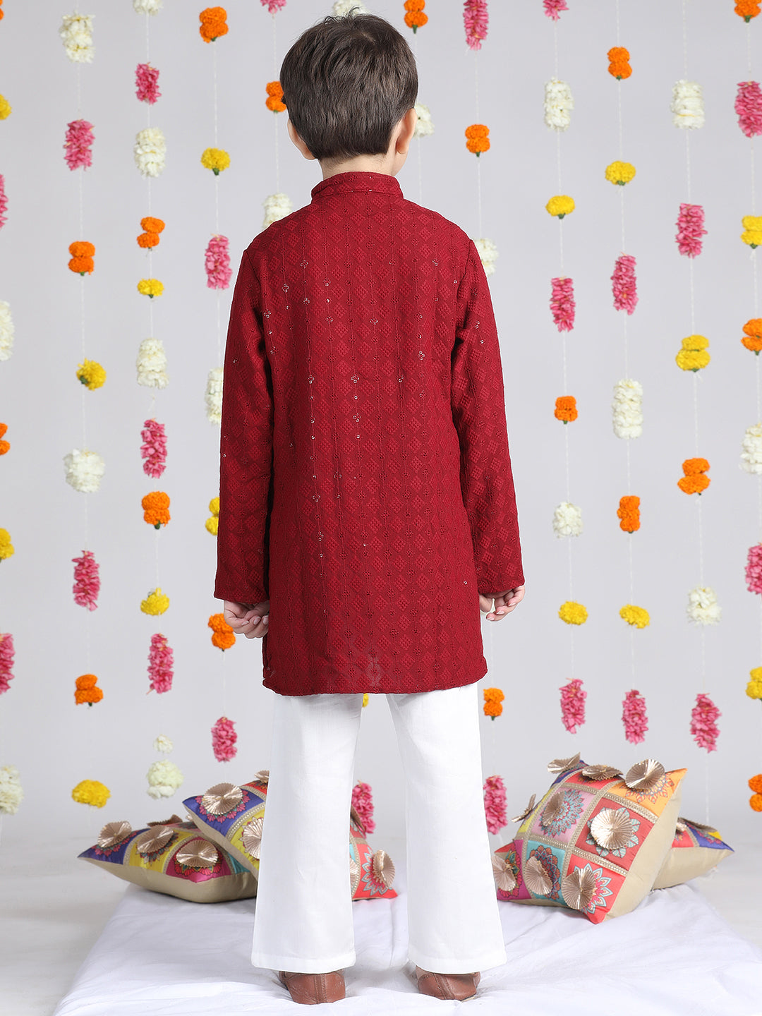 Cutiekins Boys Self design Kurta with Pyjama -Maroon & White
