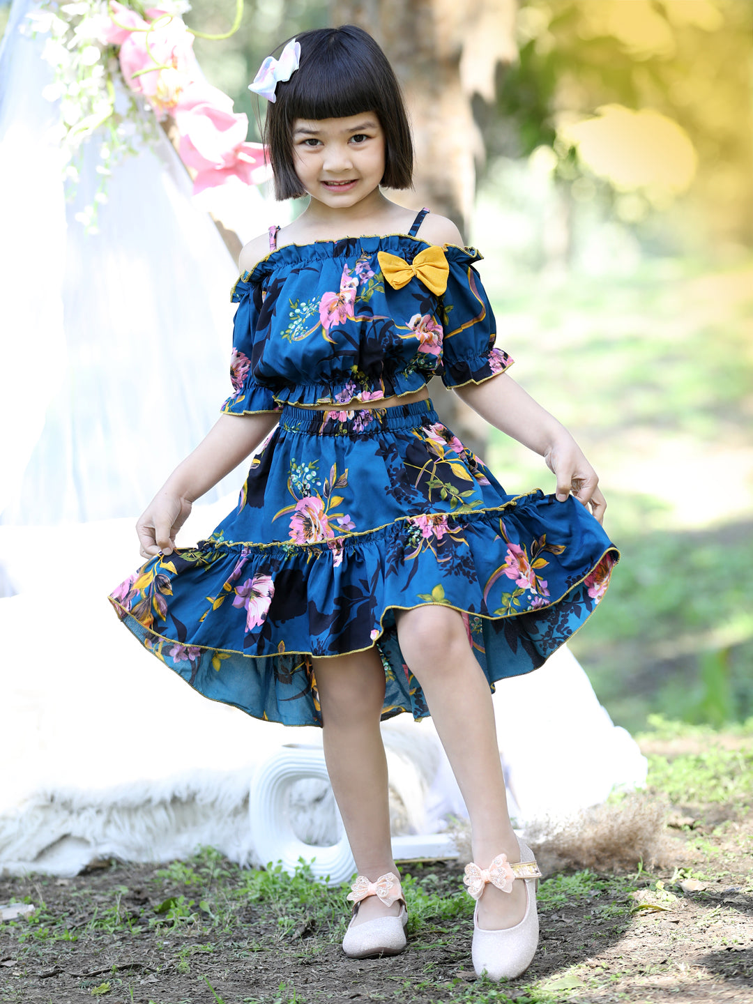 Cutiekins Shoulder Straps Printed Crop Top & Skirt Set -Teal Blue & Yellow