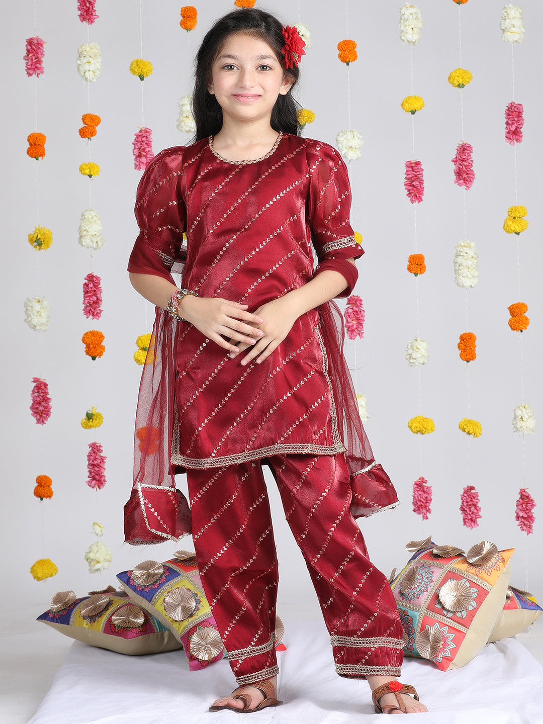 Cutiekins Girls Embroidered Ethnic Motifs Print Kurta & Palazzo with Dupatta -Maroon & Gold