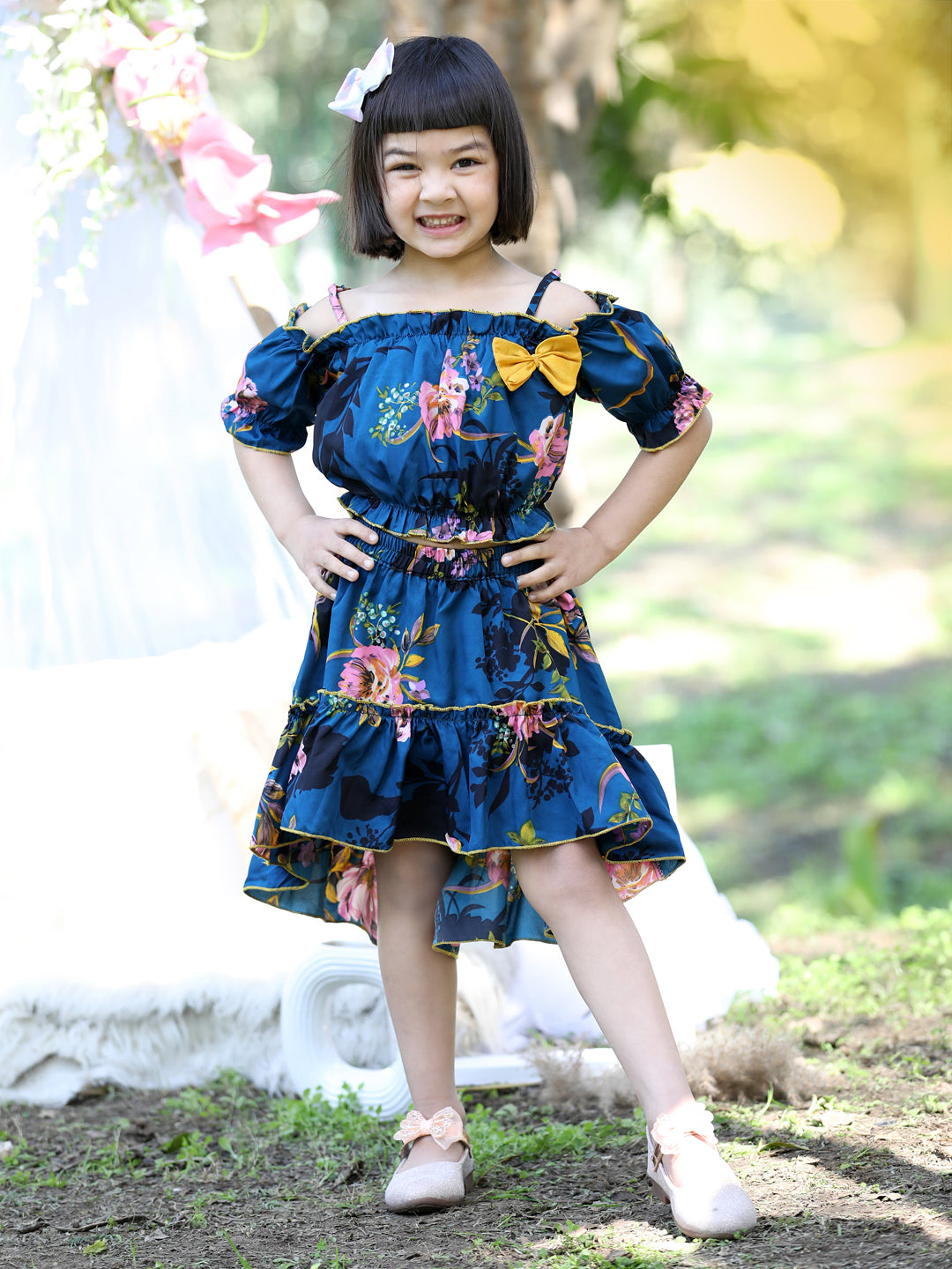 Cutiekins Shoulder Straps Printed Crop Top & Skirt Set -Teal Blue & Yellow