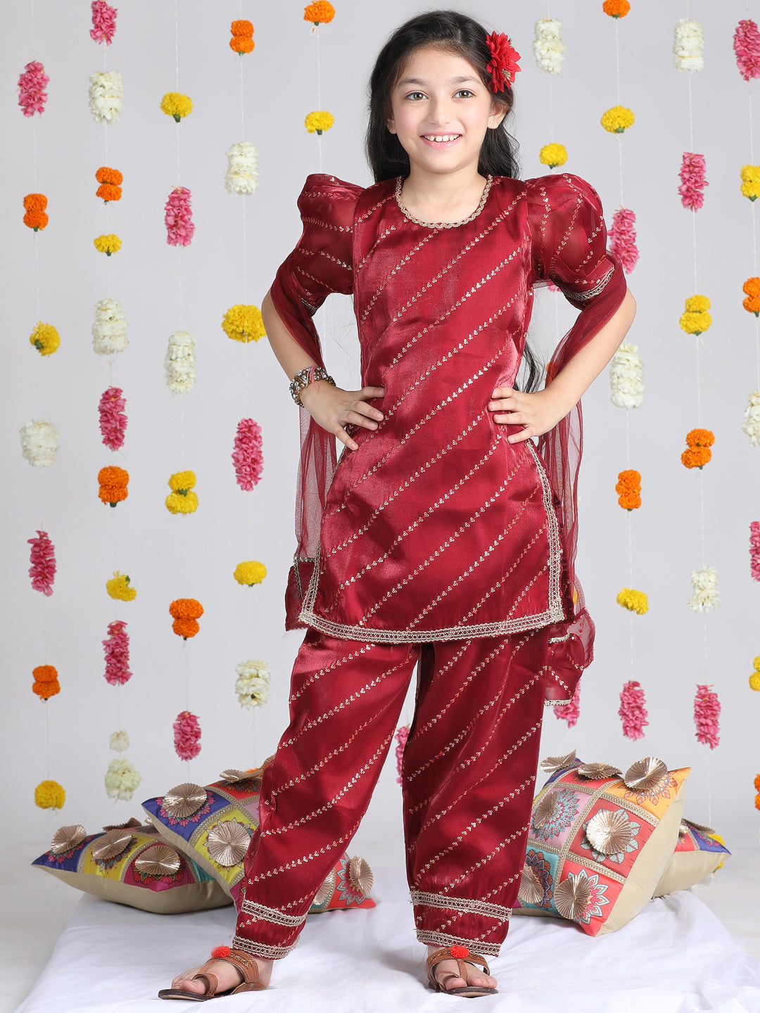 Cutiekins Girls Embroidered Ethnic Motifs Print Kurta & Palazzo with Dupatta -Maroon & Gold