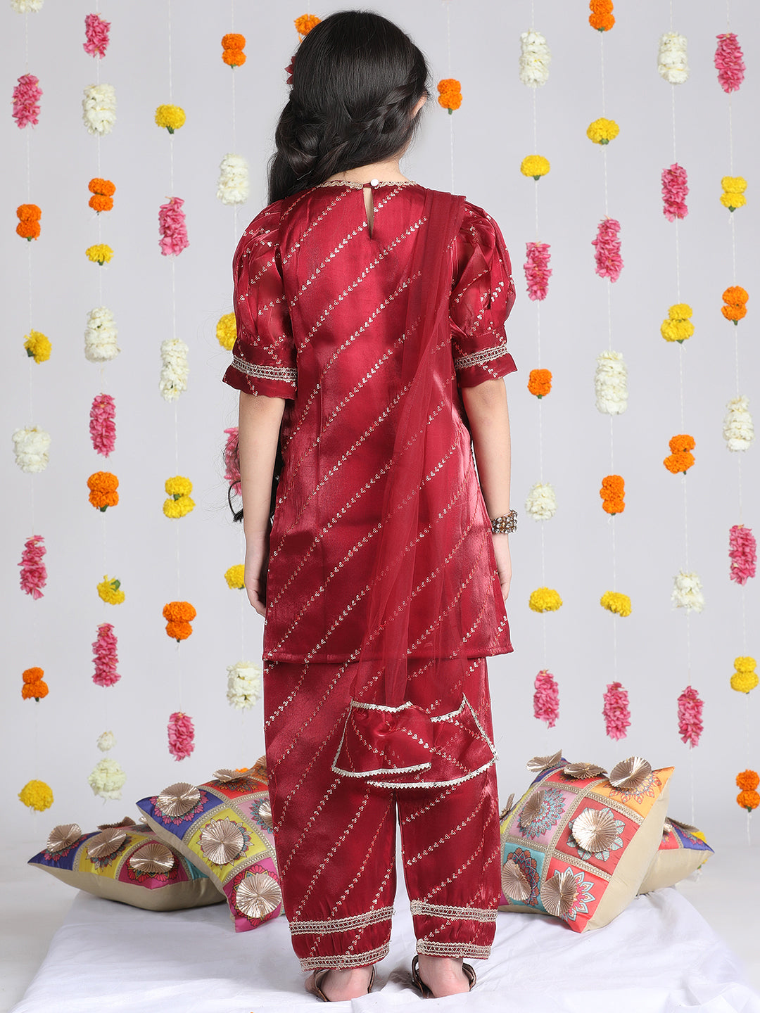 Cutiekins Girls Embroidered Ethnic Motifs Print Kurta & Palazzo with Dupatta -Maroon & Gold