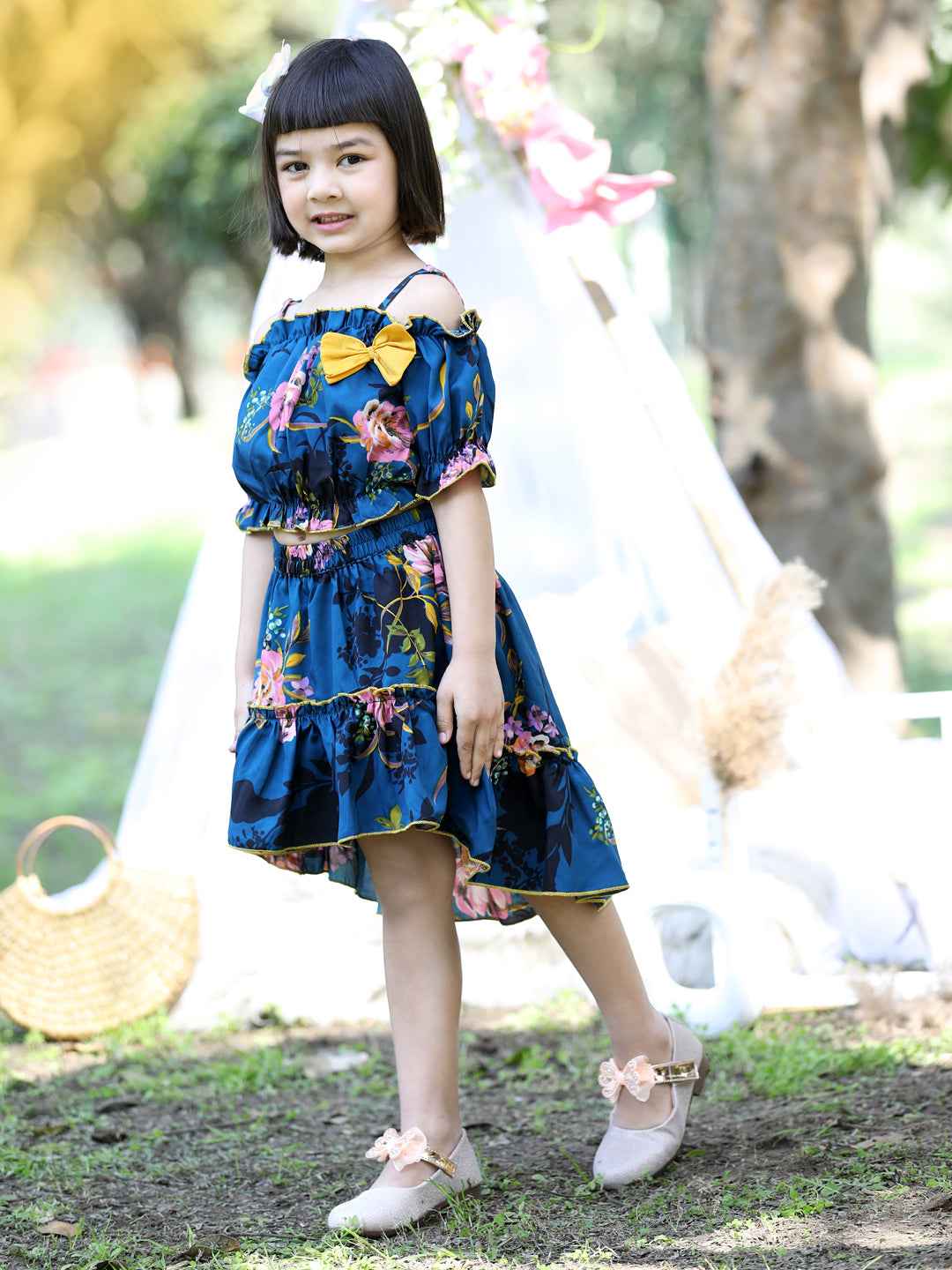 Cutiekins Shoulder Straps Printed Crop Top & Skirt Set -Teal Blue & Yellow