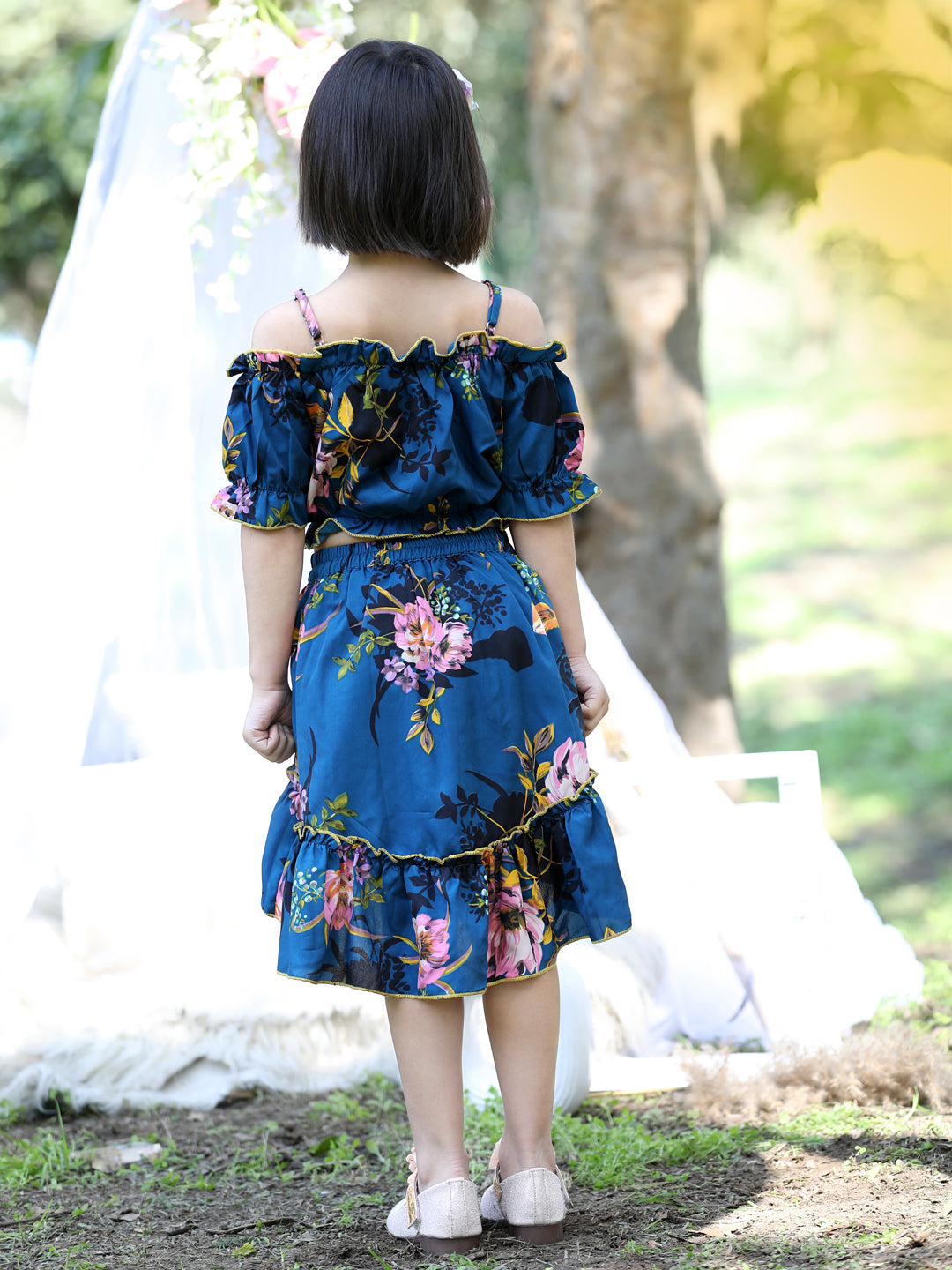 Cutiekins Shoulder Straps Printed Crop Top & Skirt Set -Teal Blue & Yellow