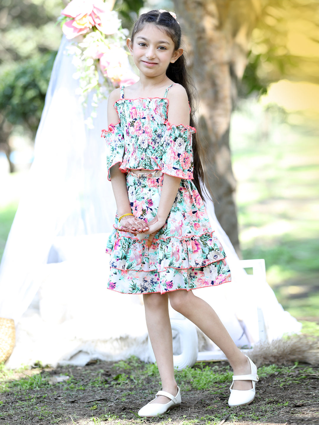 Cutiekins Shoulder Straps Printed Crop Top & Skirt Set -Off White & Pink