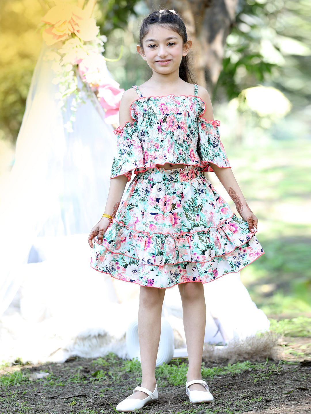 Cutiekins Shoulder Straps Printed Crop Top & Skirt Set -Off White & Pink