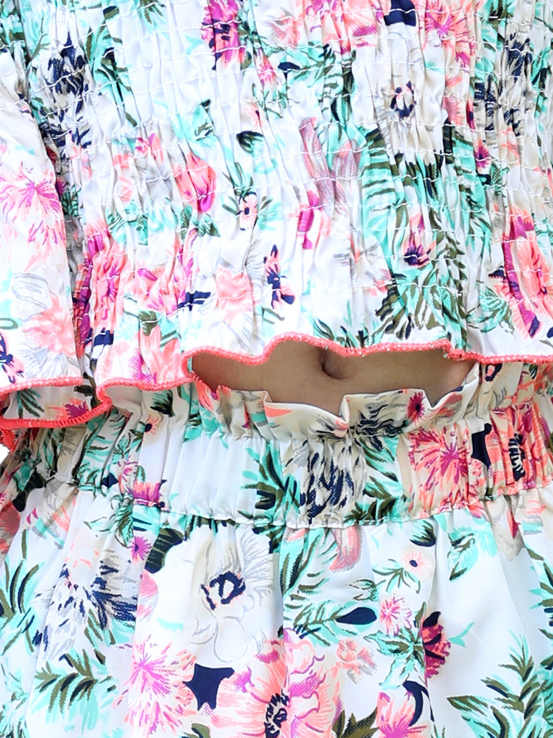 Cutiekins Shoulder Straps Printed Crop Top & Skirt Set -Off White & Pink