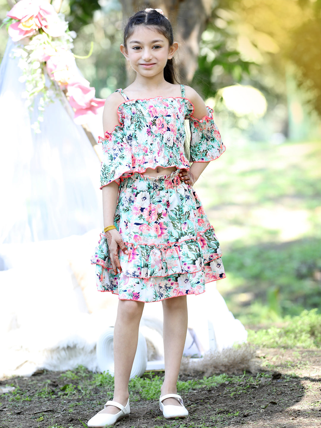Cutiekins Shoulder Straps Printed Crop Top & Skirt Set -Off White & Pink