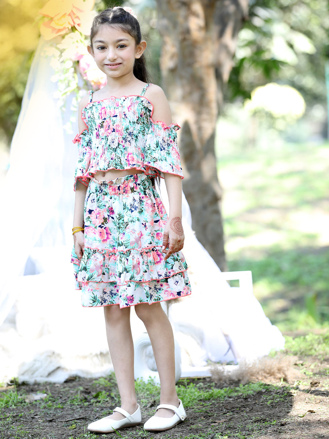 Cutiekins Shoulder Straps Printed Crop Top & Skirt Set -Off White & Pink