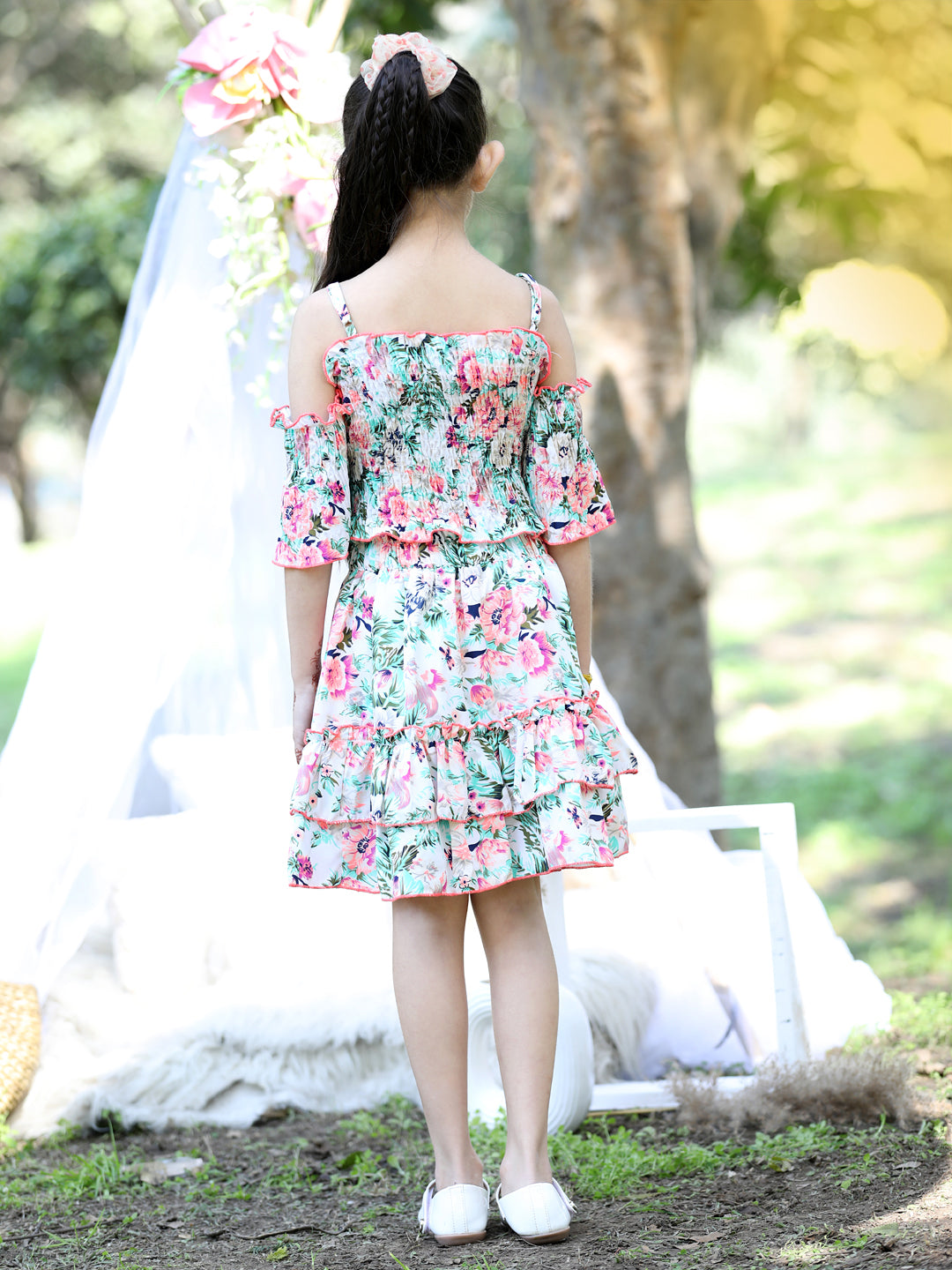 Cutiekins Shoulder Straps Printed Crop Top & Skirt Set -Off White & Pink