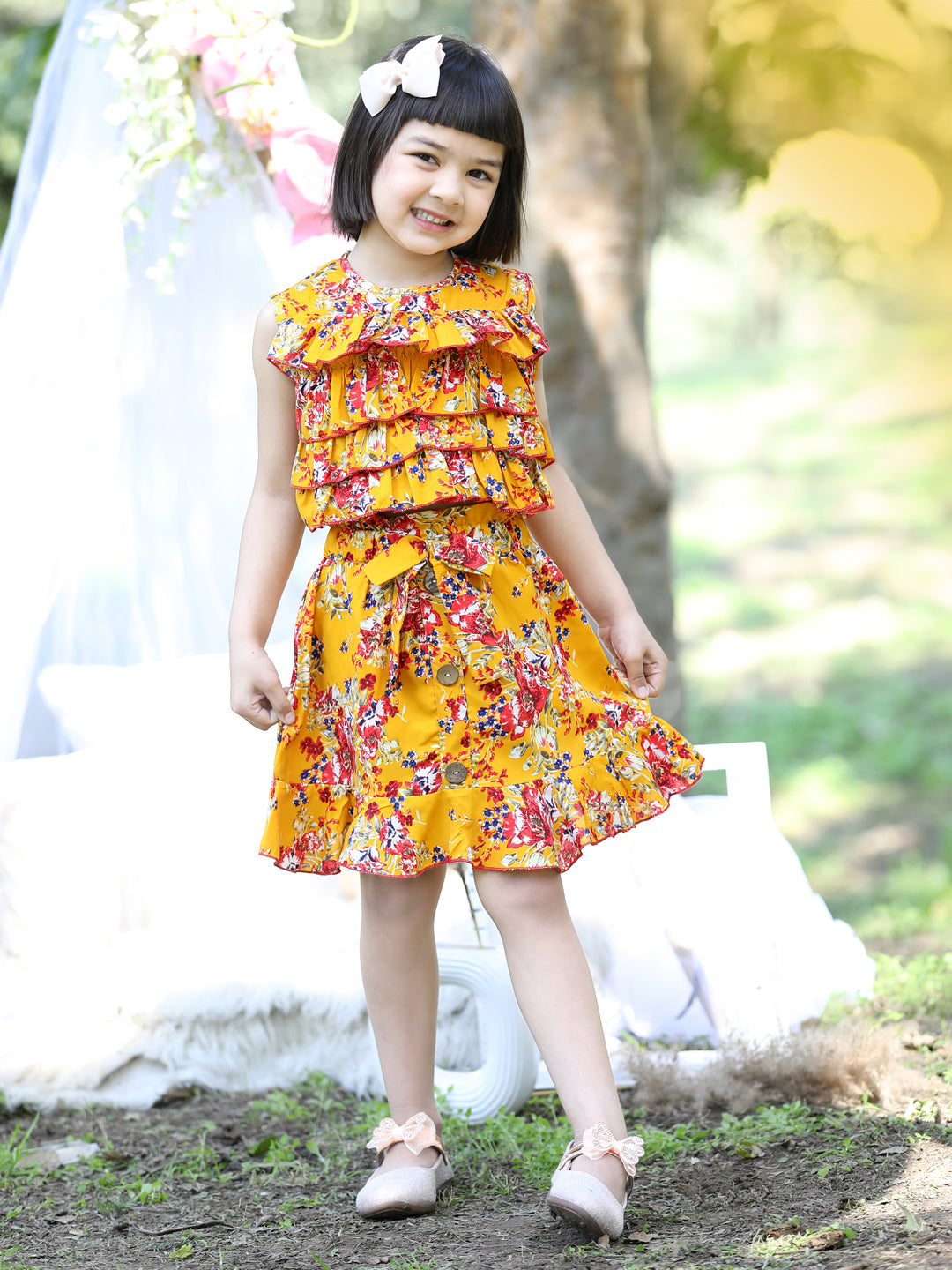 Cutiekins Round Neck Printed Crop Top & Skirt Set -Mustard & Red