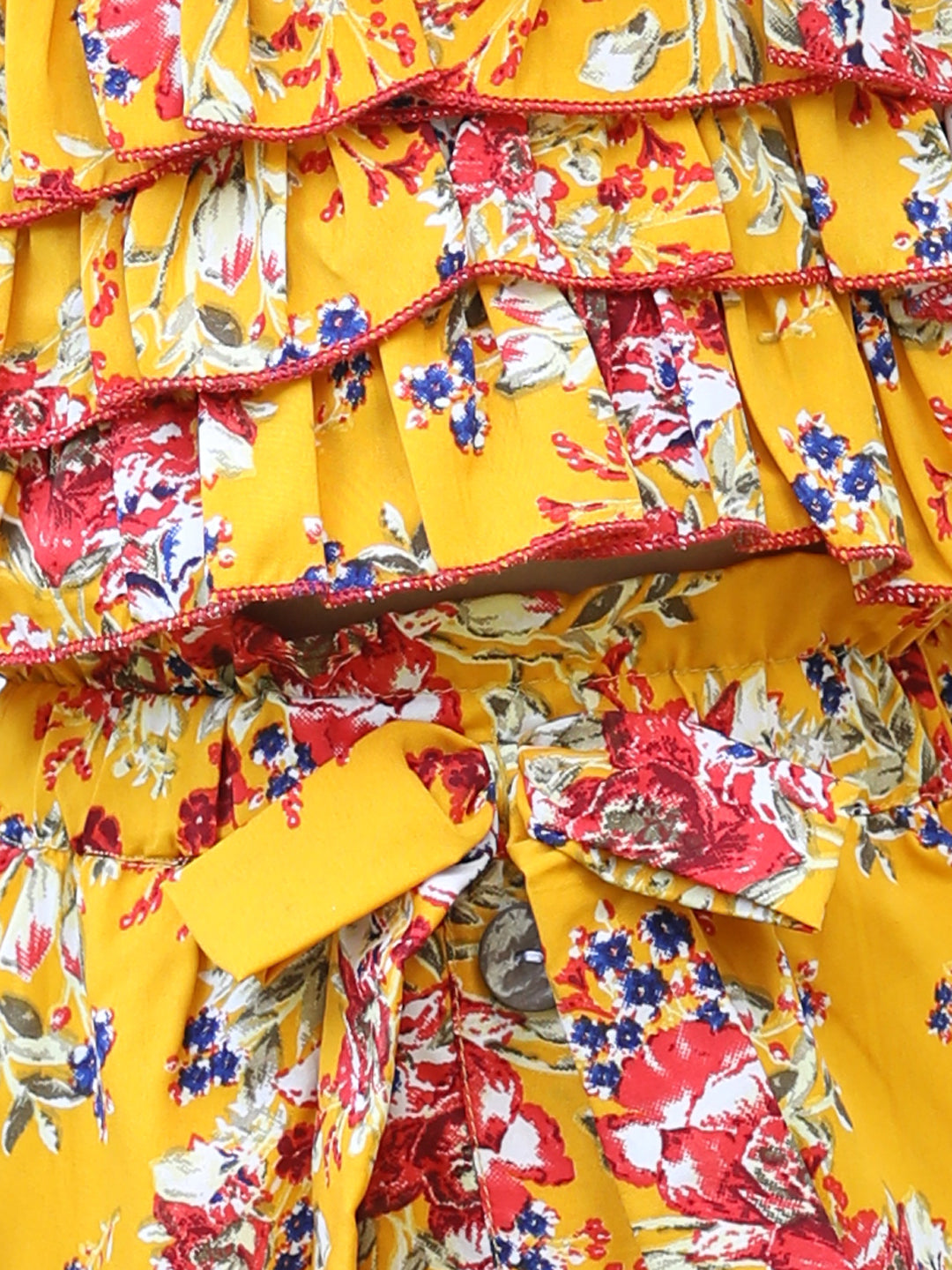 Cutiekins Round Neck Printed Crop Top & Skirt Set -Mustard & Red