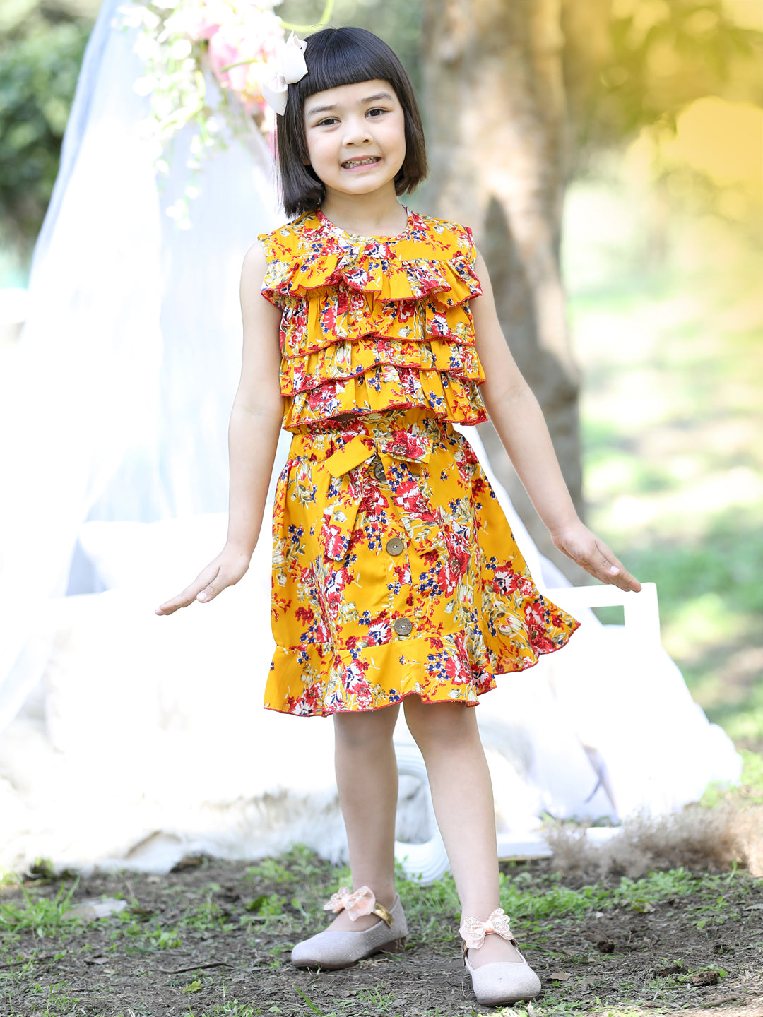 Cutiekins Round Neck Printed Crop Top & Skirt Set -Mustard & Red