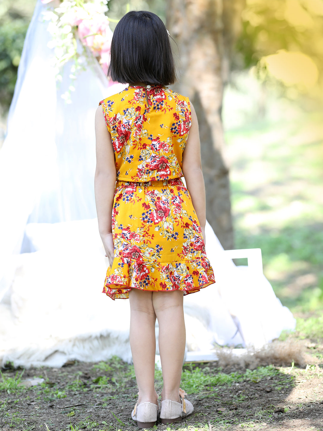 Cutiekins Round Neck Printed Crop Top & Skirt Set -Mustard & Red