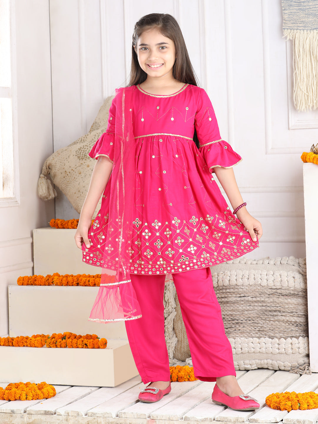 Cutiekins Faux Mirror Embroided A-line Kurta, Palazzo & Dupatta Set-Magenta Pink & Golden
