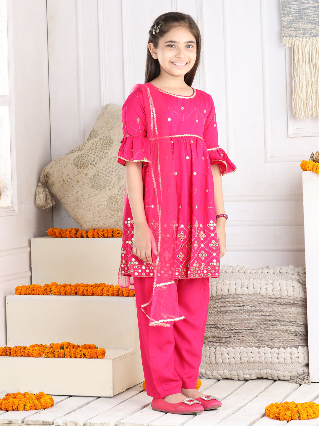 Cutiekins Faux Mirror Embroided A-line Kurta, Palazzo & Dupatta Set-Magenta Pink & Golden