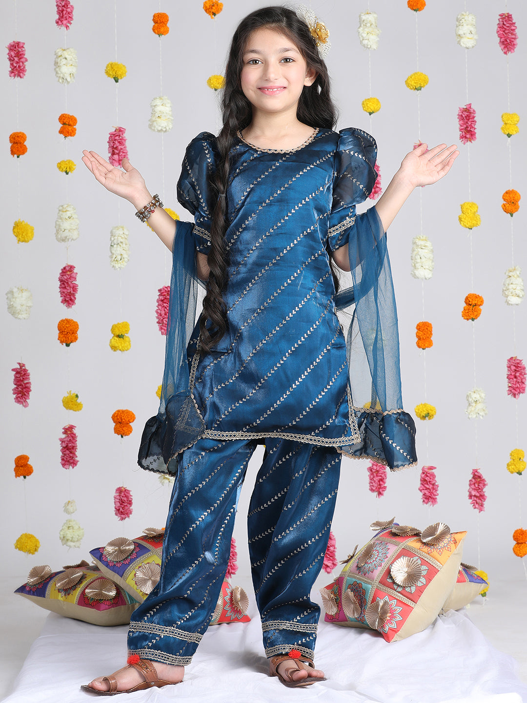 Cutiekins Girls Leheriya Embroidered Gotta Patti Kurta & Palazzos with Dupatta -Dark Blue & Gold