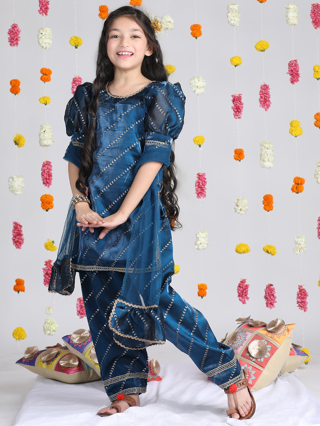 Cutiekins Girls Leheriya Embroidered Gotta Patti Kurta & Palazzos with Dupatta -Dark Blue & Gold