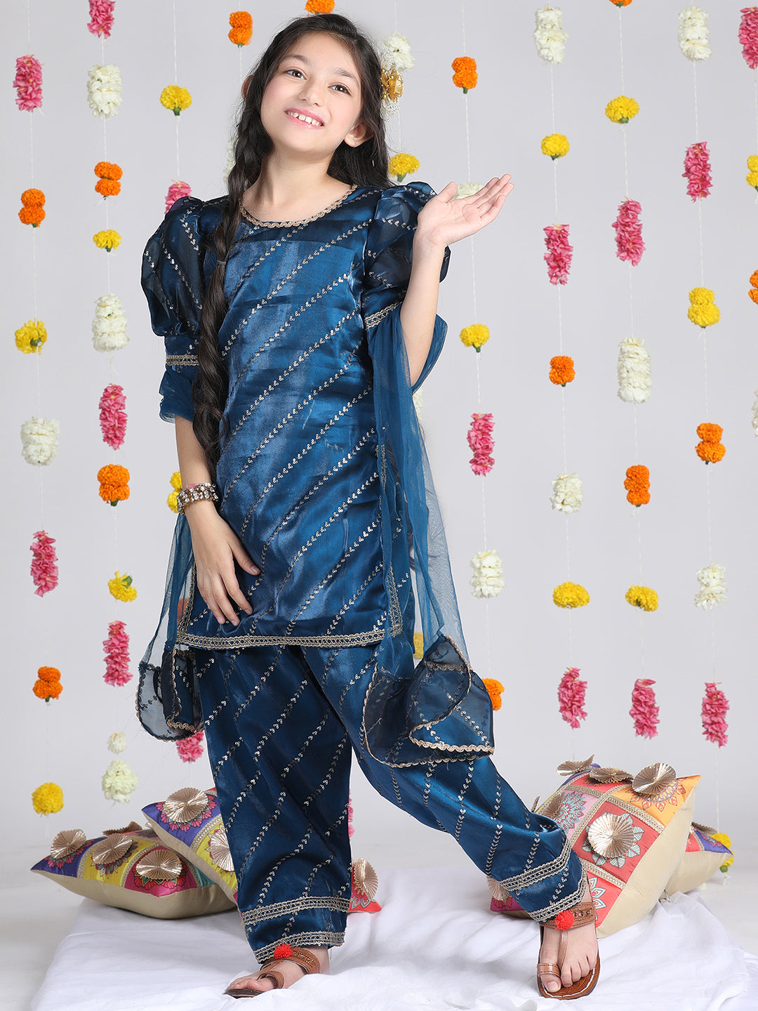 Cutiekins Girls Leheriya Embroidered Gotta Patti Kurta & Palazzos with Dupatta -Dark Blue & Gold