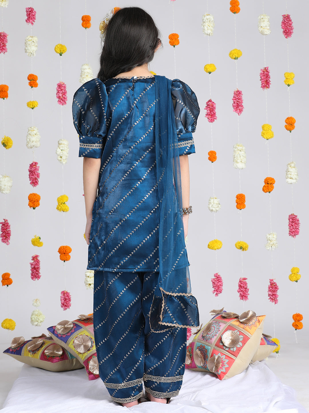 Cutiekins Girls Leheriya Embroidered Gotta Patti Kurta & Palazzos with Dupatta -Dark Blue & Gold