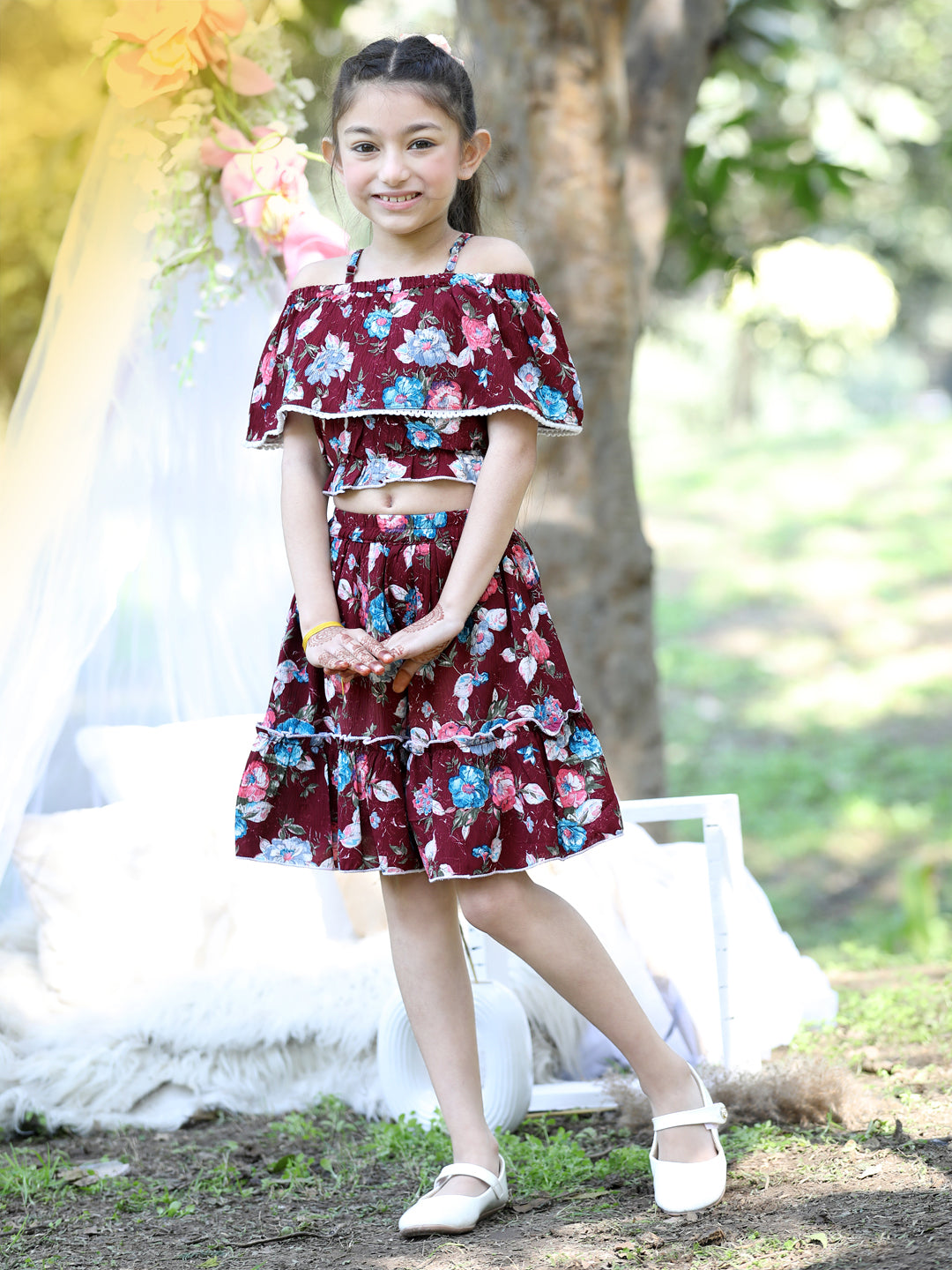 Cutiekins Shoulder Straps Printed Crop Top & Skirt Set -Maroon & White