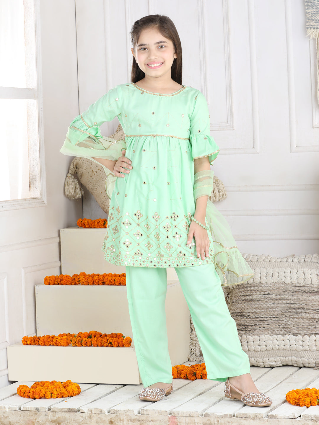 Cutiekins Faux Mirror Embroided A-line Kurta, Palazzo & Dupatta Set-Mint Green & Golden