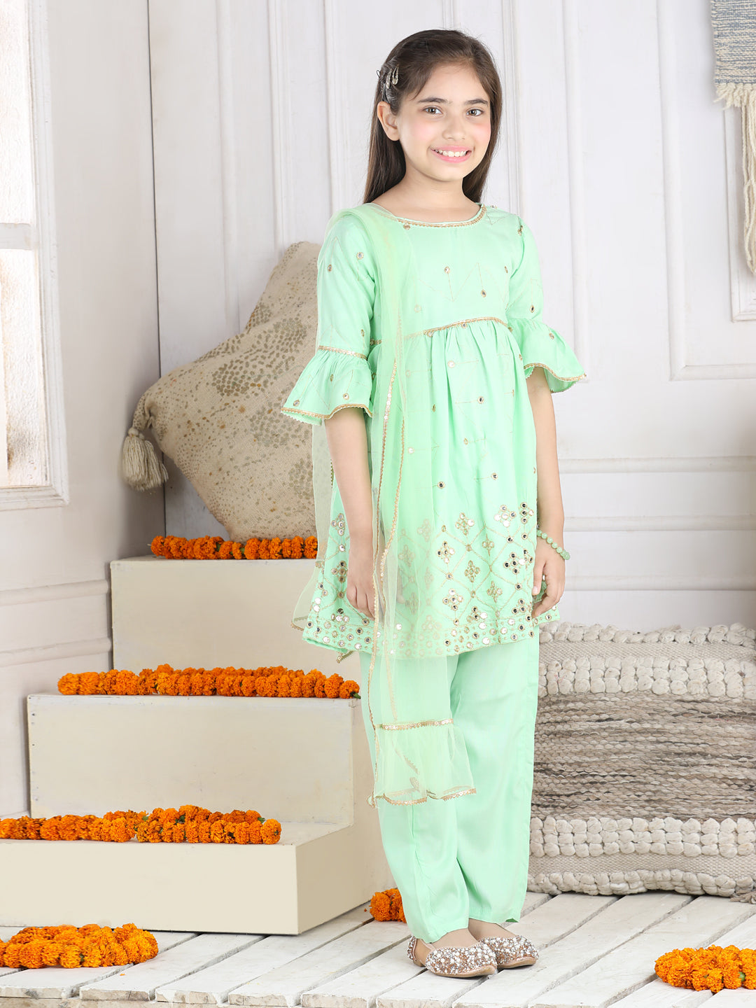 Cutiekins Faux Mirror Embroided A-line Kurta, Palazzo & Dupatta Set-Mint Green & Golden