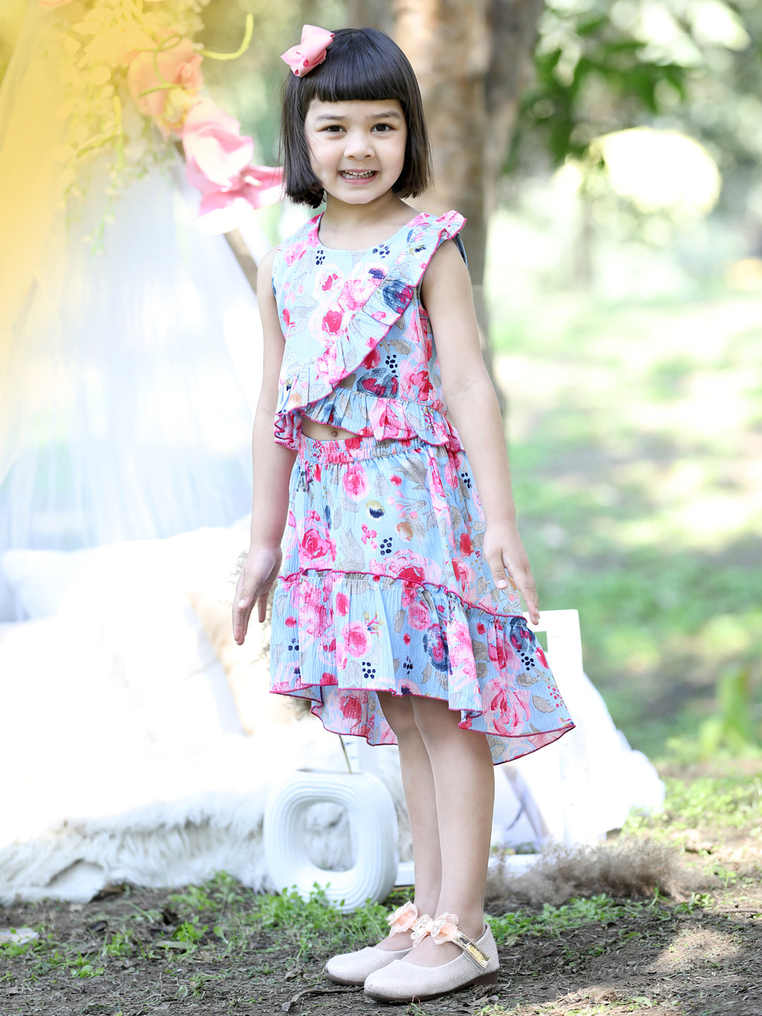 Cutiekins Round Neck Printed Crop Top & Skirt Set -Sky Blue & Pink