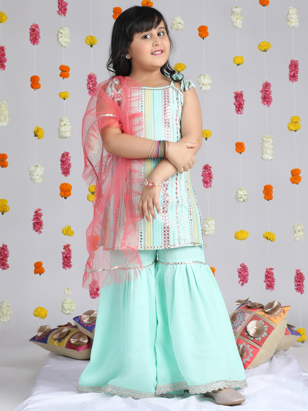 Cutiekins Girls Embroidered Thread Work Georgette Straight Kurta With Sharara & Dupatta -Turquoise Blue & Pink