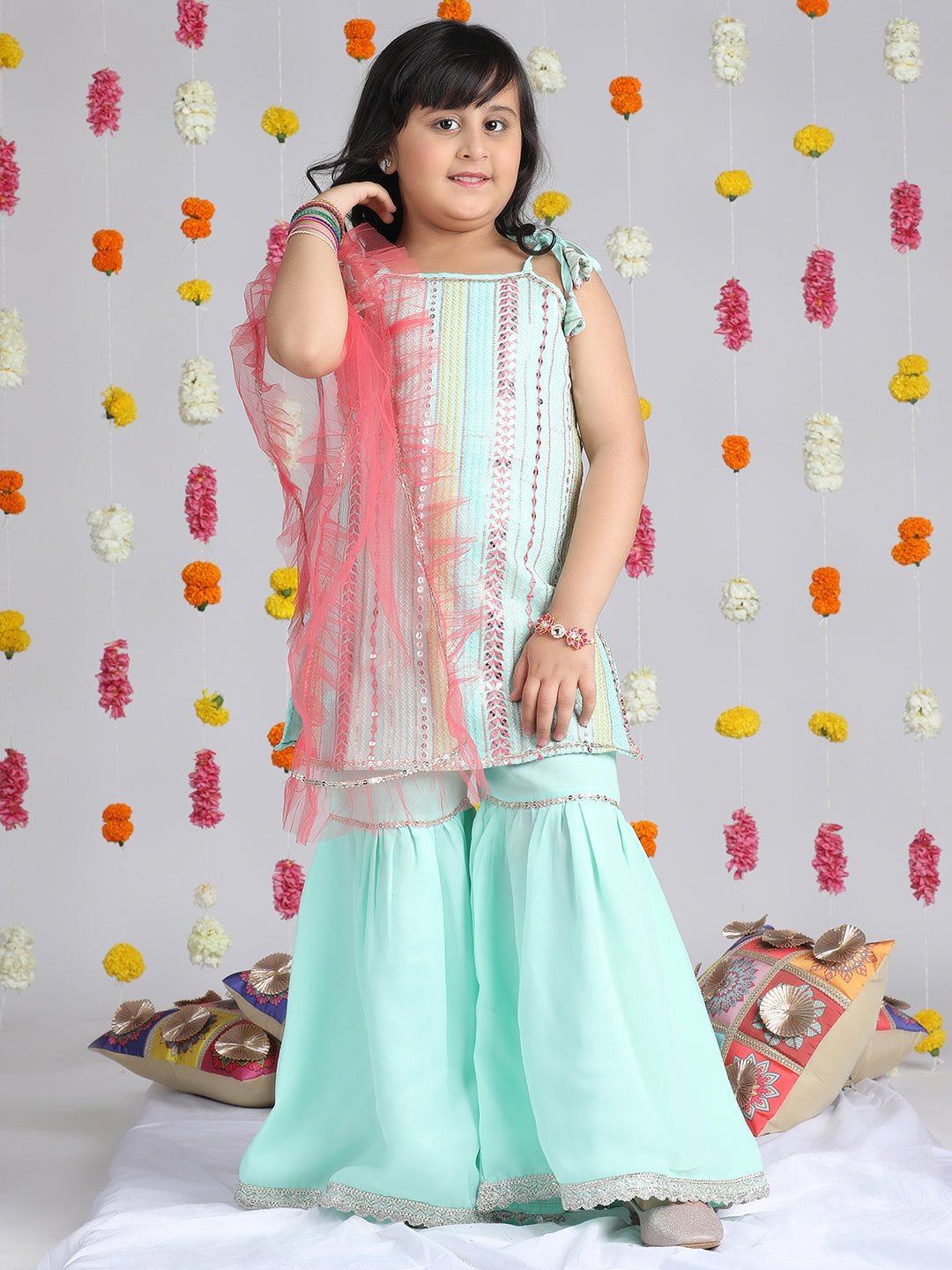 Cutiekins Girls Embroidered Thread Work Georgette Straight Kurta With Sharara & Dupatta -Turquoise Blue & Pink
