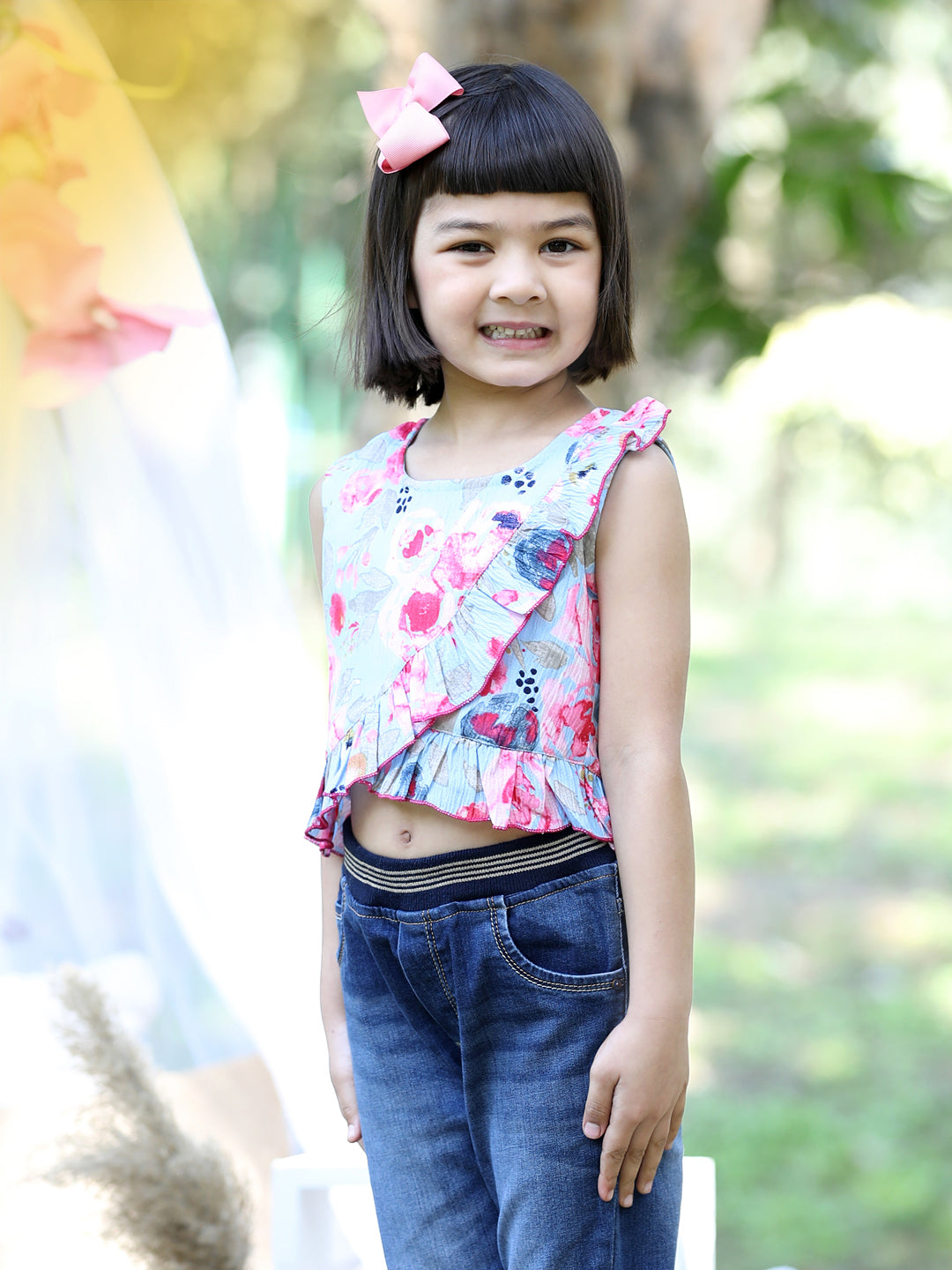Cutiekins Round Neck Printed Crop Top-Sky Blue & Pink